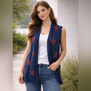 Lane Bryant Womens Sweater 14/16 sleeveless Open Front Star Embroidered Blue